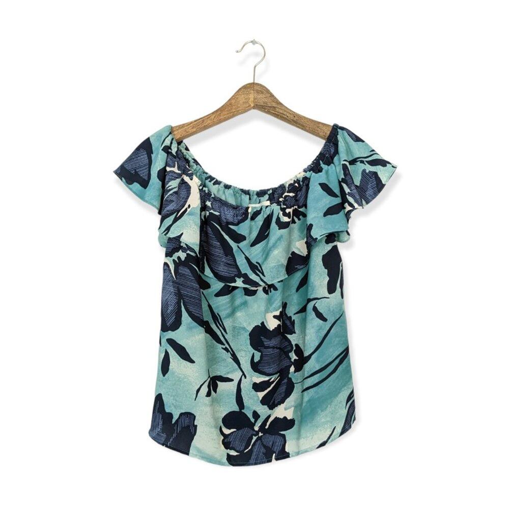 Maeve Teal Blue Islander Tropical Print Off Shoulder Ruffle Top